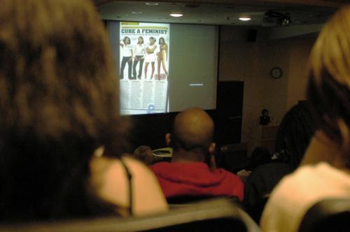 Wheelock College professor Gail Dines discusses the distribution of pornography through the mass media in the Fong Auditorium yesterday.