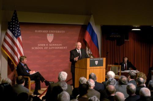 Mikhail Gorbachev, former leader of the Soviet Union, speaks about overcoming the threat of nuclear weapons at a tightly packed speech at the Institute of Politics last night. 