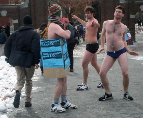 Near freezing temperatures by the Science Center yesterday afternoon did not deter Troy C. Murrell '09, Walter E. Howell '09, or Ryan C. Hackett '09, left to right, from campaigning for the Sundquist-Sarafa ticket.