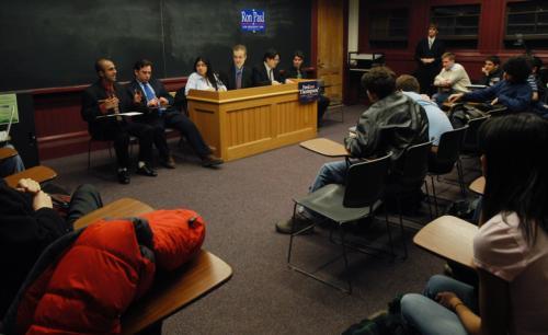 Student supporters of Giuliani, Romney, McCain, Huckabee, Thompson, and Paul debated in Sever Hall last night about the presidential campaign issues.
