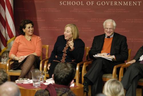 Kennedy School professor Elaine C. Kamarck, left, Business School professor Rosabeth M. Kanter, center, and IOP Director James A. Leach discuss the ingredients of a successful presidential bid yesterday at the IOP Forum. 