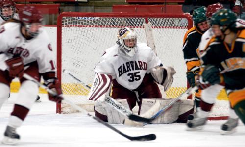With her seventh shutout of the season against St. Lawrence, sophomore goaltender Christina Kessler, shown here in earlier action, tied the Harvard single-season mark for shutouts in a season. The Saints entered the weekend as the top-ranked offense in th