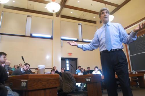 At the Law School on Wednesday, Sen. John F. Kerry criticized the United States for not taking stronger action on carbon emissions.