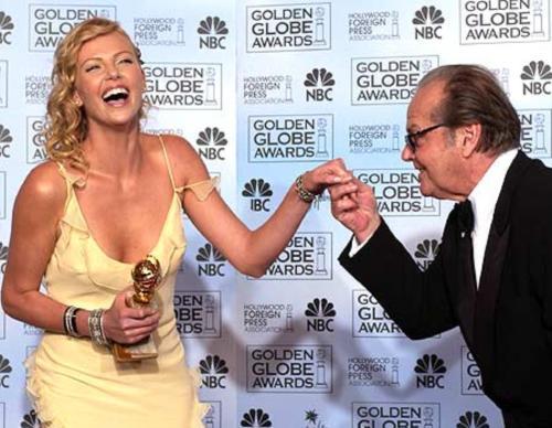 Charlize Theron with Jack Nicholson at the 2004 Golden Globe awards. Theron won Best Actress for her lead role in the film "Monster."