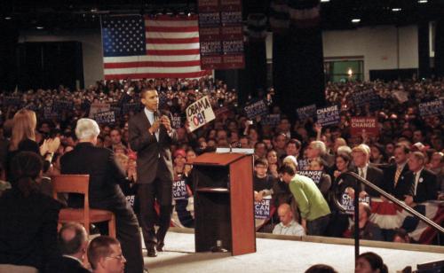 Senator Barack Obama speaks at a rally at the Boston World Trade Center late last night.  Massachusetts Senators Edward M. Kennedy ’54-’56 and John F. Kerry also addressed the audience at the event.