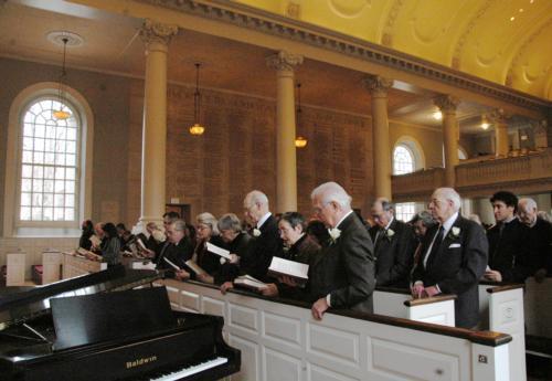 Mourners gather at the memorial service  for Zeph Stewart, a former Lowell House Master, in Memorial Church Friday afternoon. Stewart was also a professor in the Classics Department.