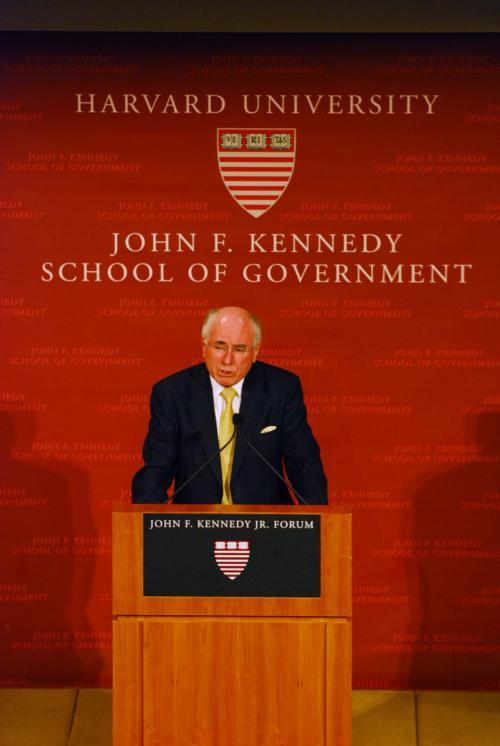 Former Australian Prime Minister John Howard speaks during a question-and-answer session at the John F. Kennedy Jr. Forum last night.