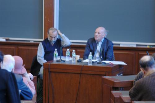 Columbia professor of Iranian studies Hamid Dabashi (left) and Harvard Professor of Middle East History Roger Owen (right), speak at “On Empire and (Re)Colonization in the Middle East” at Harvard Law School.
