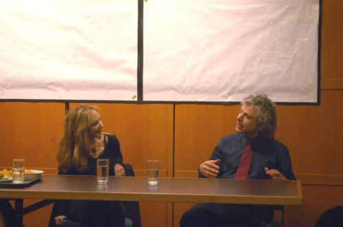 Author Rebecca N. Goldstein and psychology professor Steven Pinker lead an informal discussion about life, work and religion at Harvard Hillel yesterday evening.