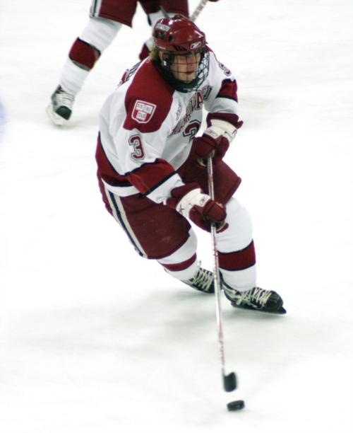 Sophomore defenseman Alex Biega, shown here in earlier action, was the Crimson’s second selection to the all-tournament team after recording an assist in Harvard’s third win over Cornell this year.