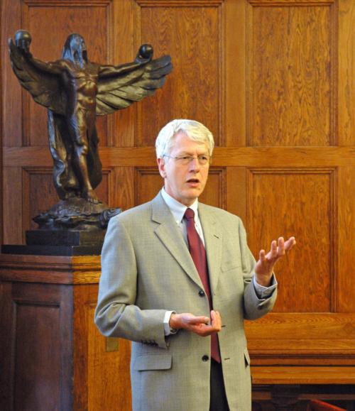 Historian Stuart Macintyre from the University of Melbourne speaks on establishing the social sciences in Australia at the Barker Center yesterday.