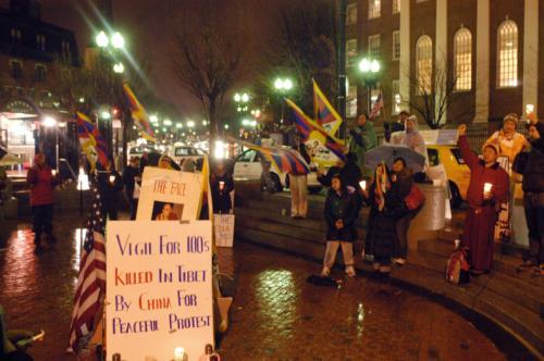 Protesters gather in Harvard Square last night, as they have been doing frequently, to demonstrate against China’s rule of Tibet. 