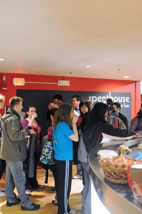 First-year Quadlings-to-be are welcomed with food and music in the Penthouse Coffee bar at an “Acoustic Tuesday” event yesterday.