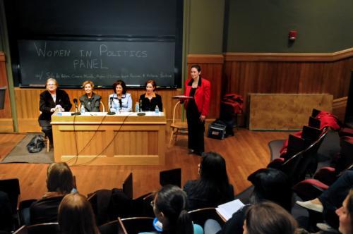 Four current and former IOP fellows discuss the low representation of women in government and the challenges facing women seeking office yesterday evening in Sever Hall.