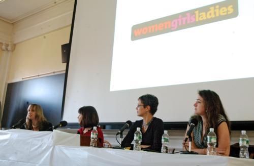 Panelists including Kristal B. Zook, Gloria Feldt, Courtney E. Martin, and Deborah Siegel speak at the Intergenerational Feminist Panel on Friday in Harvard Hall.