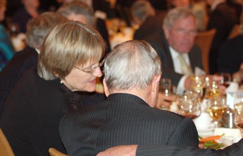Faust leans in to speak to David Rockefeller whose $100 million gift was the subject of her speech after the dinner Friday night. 
