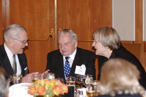 At the COUR dinner Friday, Univeristy President Drew G. Faust and Harvard Corporation Senior Fellow James R. Houghton ’58 flank philanthropist David Rockefeller ’36, whose $100 million gift was announced that morning.