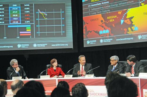 Panelists examined the consequences of a rapid increase in oil prices yesterday evening at the IOP. The roleplayers on the right are former University President Lawrence H. Summers and Corporation fellow Robert E. Rubin ’60.
