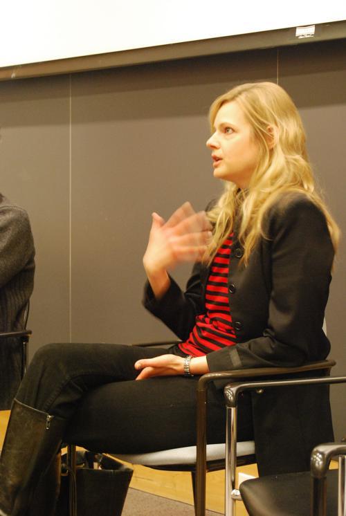 Cristina Kuhly, director of the movie “Shootdown,” discusses her film with students in the Fong Auditorium yesterday afternoon.