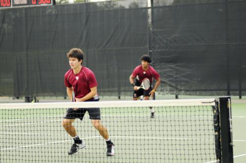 The No. 1 doubles pair of senior Ashwin Kumar (back) and junior Sasha Ermakov (front) tried to salvage the Harvard men’s tennis team’s normally automatic doubles point, pulling ahead 6-4, but Texas Tech notched two matches to seal the doubles point and cu