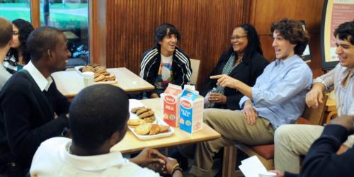 UC Vice President Randall S. Sarafa ’09, UC President Matthew L. Sundquist ’09 and Dean of the College Evelynn M. Hammonds, from right to left, hold a study break in Lamont Library Cafe yesterday evening to answer question and interact with students.