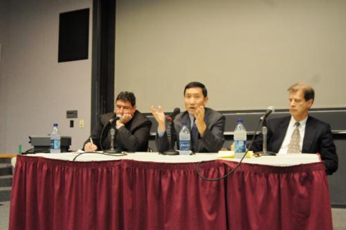 A panel of China experts speak at the Kennedy School yesterday in recognition of the 59th anniversary of the People’s Republic of China. Anthony J. Saich, Yasheng Huang, and William H. Overholt, left to right, discuss China’s recent developments and outli
