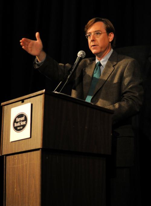 Political author Thomas C. Frank speaks at an event sponsored by the Harvard Book Store at the Brattle Street Theatre yesterday.