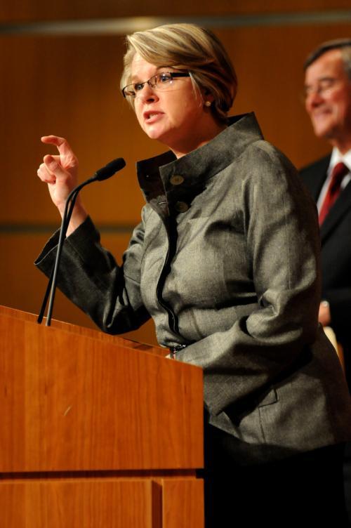 U.S. Secretary of Education Margaret Spellings speaks at the IOP yesterday about the future of the American education system.