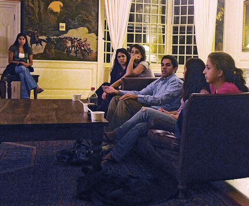 Neil K. Chatani, speaking, and other Law School students share what they wish they had known about applying to law school in the Lowell JCR last night.
