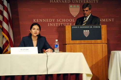Eva Lam of The Harvard College Democrats speaks at a debate on the 2008 Presidental Election sponsored by the Institute of Politics yesterday.