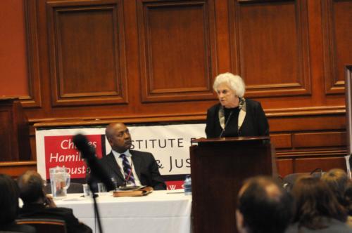 Former Supreme Court Justice Sandra Day O’Connor gives the keynote address to the Charles Houston Institute’s conference at HLS on Friday.
