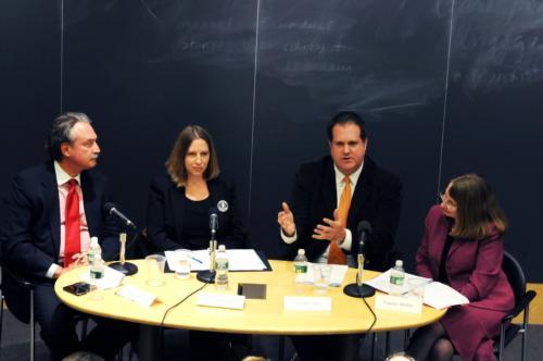 Alex Castellanos, Vicky Steinberg, Tim McCarthy, and Tammy Mosher (left to right) discuss the credentials of Republican vice presidential candidate Sarah Palin in Boylston Hall’s Fong Auditorium yesterday night.