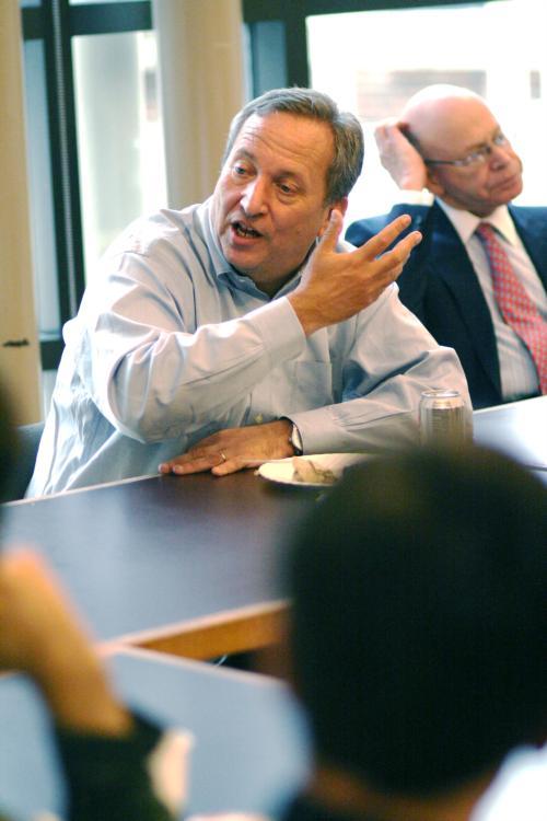 Former University President Lawrence H. Summers, currently acting as a senior advisor to Democratic presidential hopeful Barack Obama, answers students’ questions about the economy and the election yesterday at Hillel.