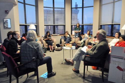 Artist Charles Meaker talks with students about Scandinavian design yesterday at 2 Arrow Street. The event, “New Directions of Scandinavian Architecture,” was sponsored by the Office of International Programs.
