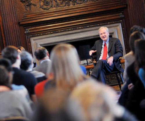 Chris Matthews of MSNBC’s “Hardball” speaks in the Kirkland JCR yesterday afternoon as part of a study group led by Institute of Politics Fellow Jennifer Donahue.