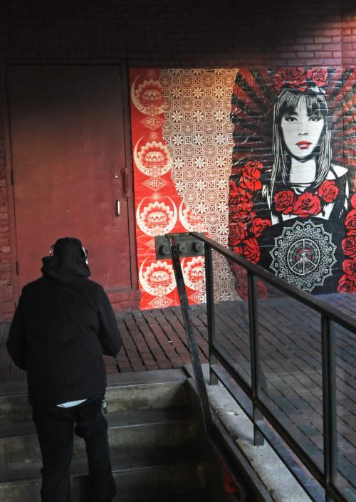 A wall outside The Tannery currently features a mural by contemporary artist Shepard Fairey.
