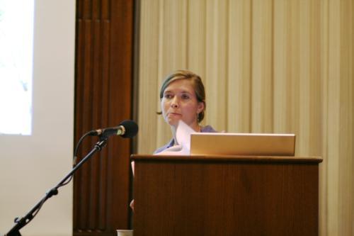 Columbia Professor Ellen F. Morris speaks about the Ancient Egyptian enslavement of prisoners of war in tthe Barker Center. 