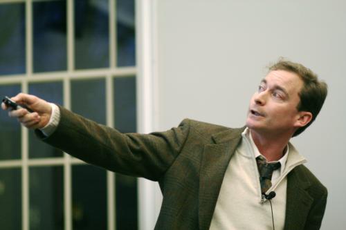 Josef W. Wegner of the University of Pennsylvania points out an archaeological find during his talk on “Excavations at South Abydos” in Harvard Hall yesterday.