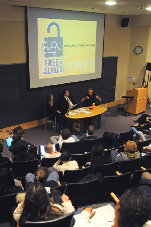 Zoe Trodd, Timothy McCarthy, and Kevin Bales, discuss “10 Questions,” a book about the modern abolitionist movement, in Fong Auditorium last night.