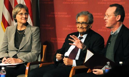 President Drew G. Faust, Professor Amartya Sen, and Dr. Paul Farmer speak at the IOP during “Sixty Years of Human Rights: Expoloring and Commemorating the Universal Declaration of Human Rights 1948-2008.”