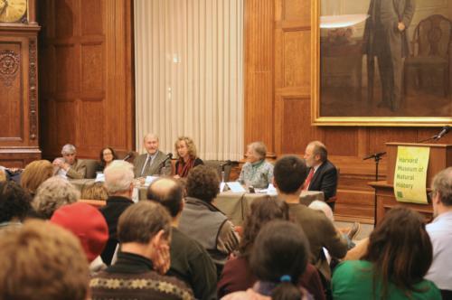 Authors Sy Montgomery, Katy Payne, and John Elder and moderator Dale Peterson consider how literature can inspire concern for nature and conservation yesterday at the Barker Center.