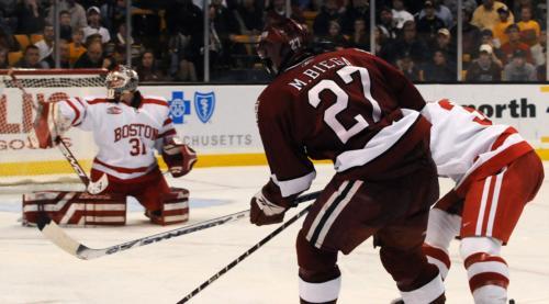 Sophomore Michael Biega found an open shooting lane in the first period and slammed home the puck to put Harvard up 1-0. The Crimson challenged BU to the end, but could not hold on to the early lead. The Terriers, ranked No. 1 in the country, won 4-3 to a
