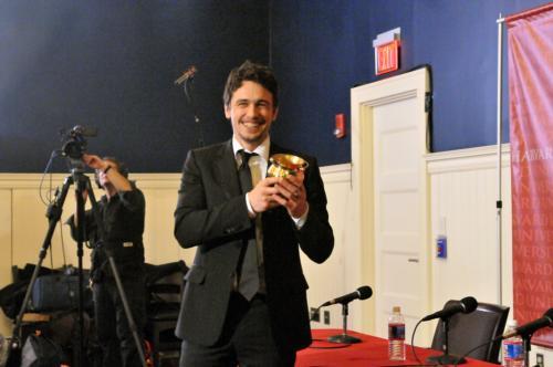James Franco gives a press conference immediately after receiving the Hasty Pudding Man of the Year Pudding Pot on Friday. Franco thanked the members of the Pudding for their hospitality before discussing his role in the recent film, Milk, and explaining 