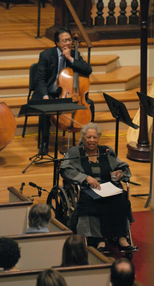 Yo-Yo Ma’76 looks on as award-winning author Toni Morrison speaks at Witness, an event commemorating human rights last night. 