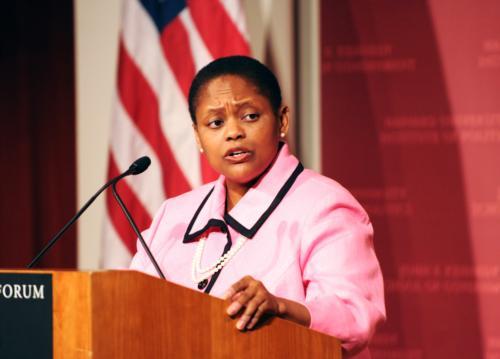  Jendayi E. Frazer, former Assistant Secretary of State for African Affairs, speaks about ways to improve economic growth and public health in African nations at the Institute of Politics last night.