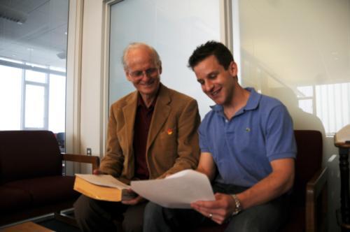 Dan Kantrovitz (right) studying with Harvard professor Carl Morris (left) as he earns a masters in statistics in preparation for a front office job with the St. Louis Cardinals. The former Brown shortstop never made it to Harvard as a player but fate woul