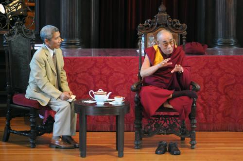 Tenzin Gyatso, the 14th Dalai Lama, speaks to a packed hall yesterday morning at Memorial Church in a speech entitled “Educating the Heart.” He will be speaking at other events in Boston area this weekend.