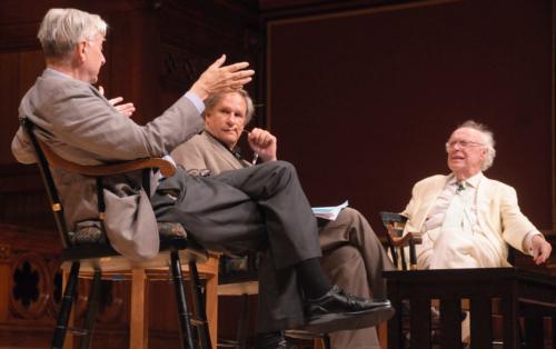 E.O. Wilson and Nobel Prize winner James Watson discuss their tumultuous past, the reconciliation of ecologists and molecular biologists, and the future direction of scientific research in Sanders Theater yesterday.