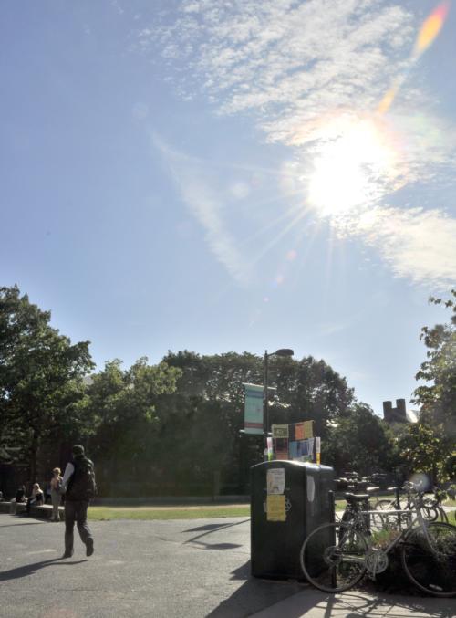 Five “Big Belly” recycling bins, including the one above in front of the Science Center, are the latest feature in the University’s sustainability push. The solar trashbins replaced two non-compacting trash and recycling bins. 