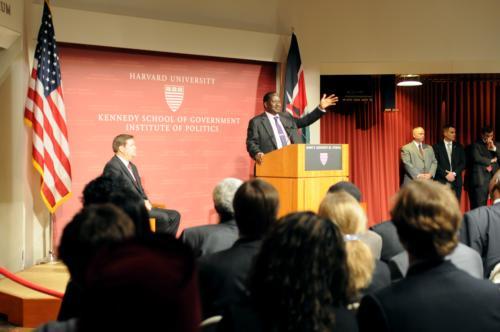 His Excellency Raila Amolo Odinga, the Prime Minister of Kenya, speaks to a full audience yesterday at the John F. Kennedy Jr. Forum at the Institute of Politics on the state of democracy on the African continent.